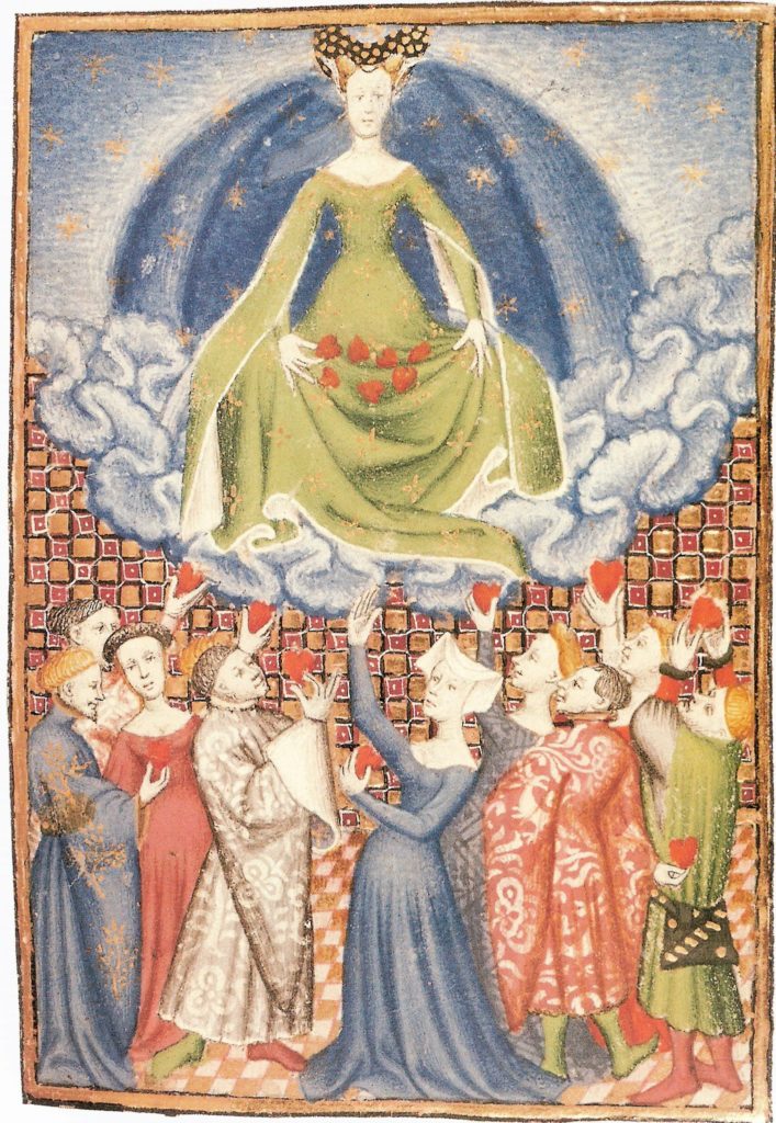 Medieval painting of Venus giving out hearts to her followers